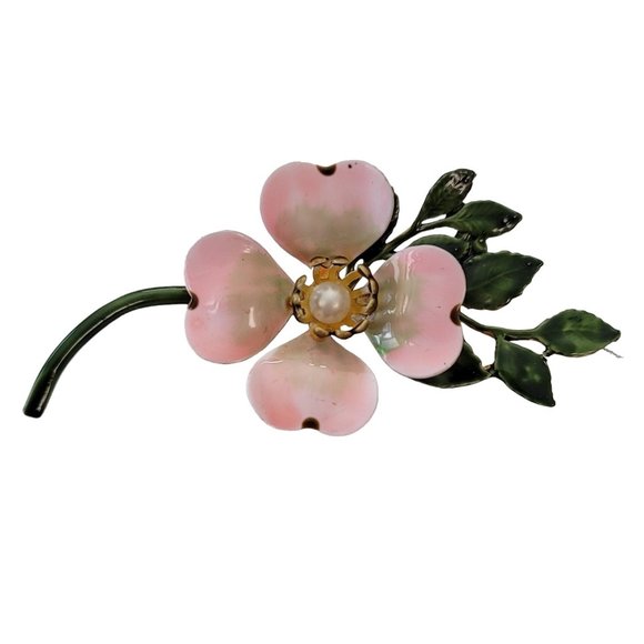 Original By Robert Pink Green Enamel Faux Pearl Dogwood Flower Stem Brooch E239 - Picture 4 of 11
